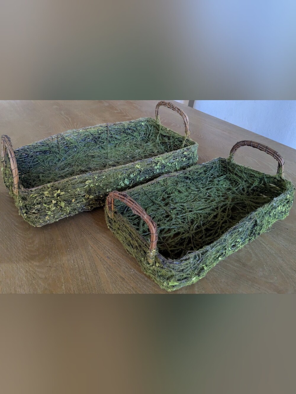 Michaels Green Moss-Wrapped Rectangular Baskets with Wicker Handles